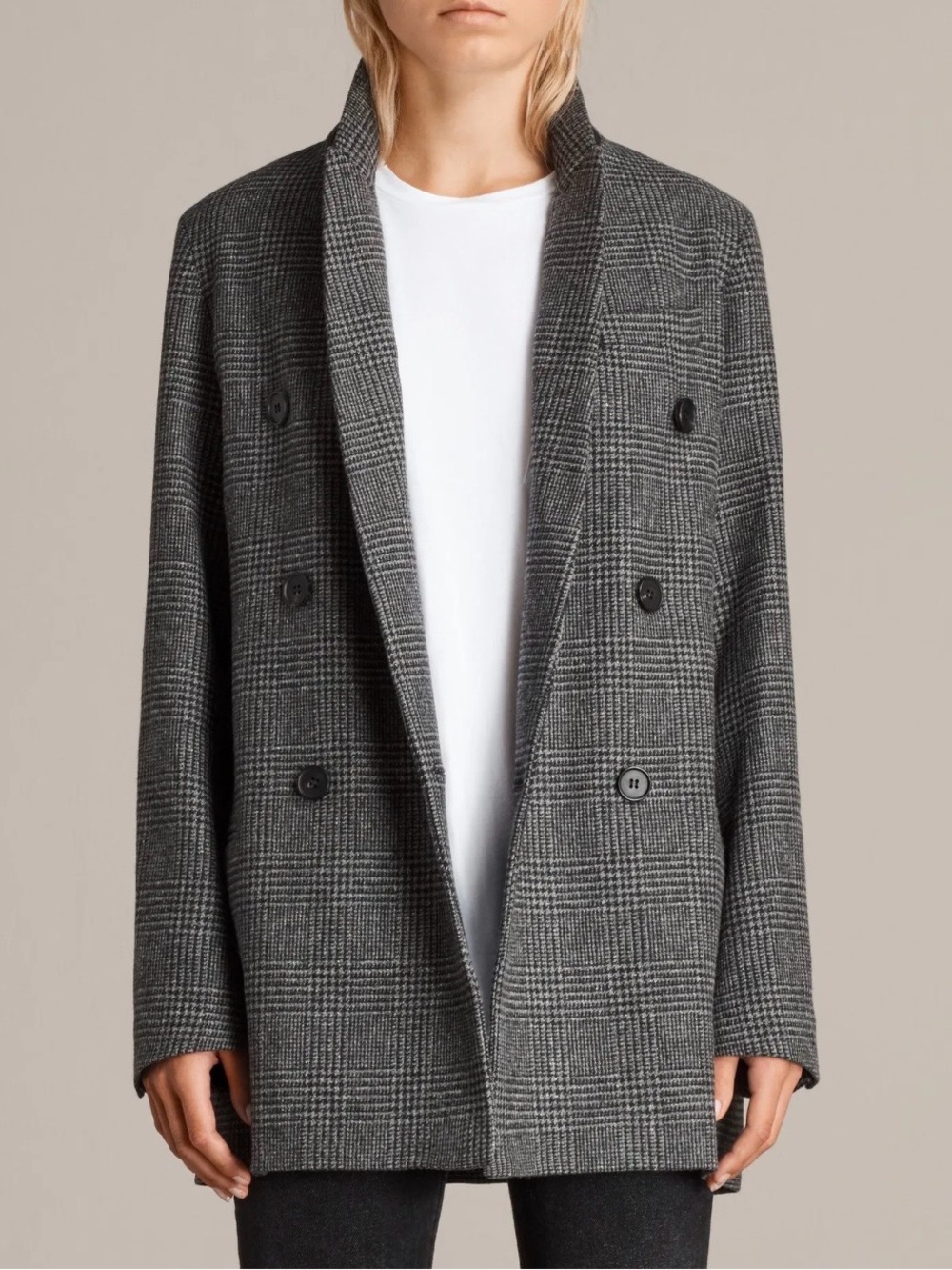 NWOT AllSaints Astrid Check Puppytooth Wool-Blend Blazer Grey White Black 8